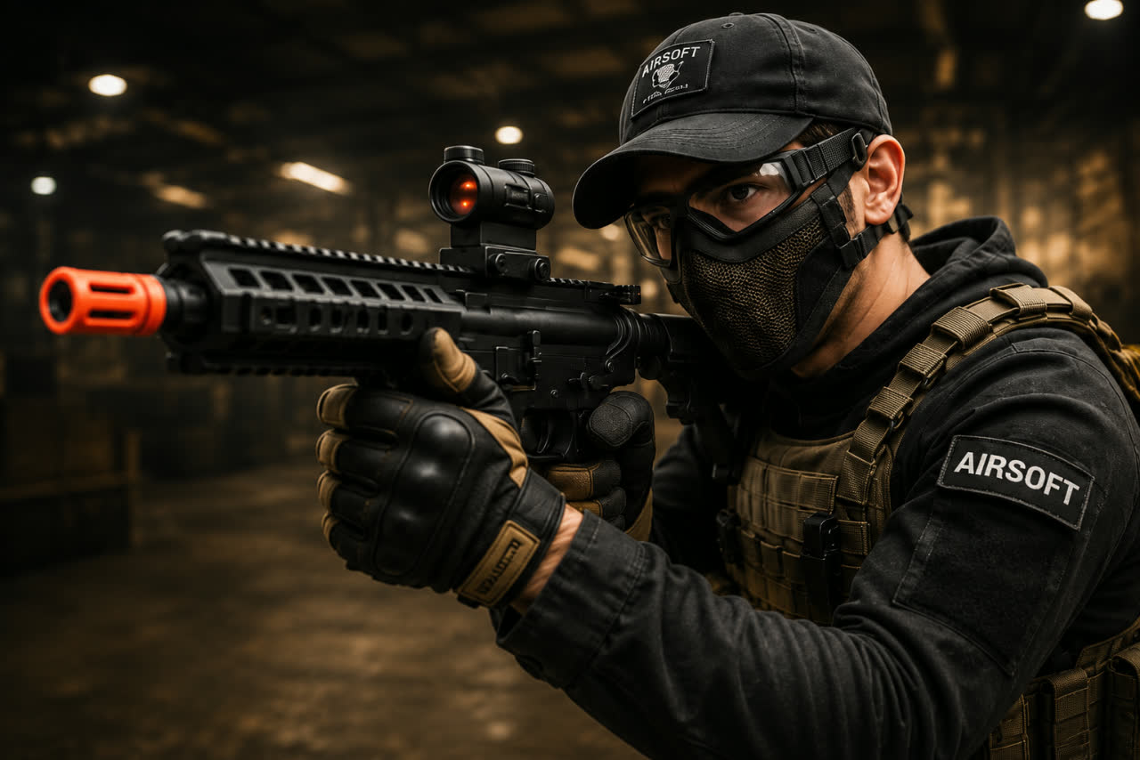 Operador de airsoft mirando com fuzil